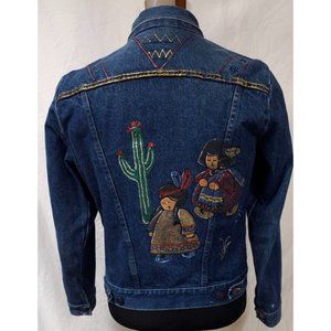 Vtg Rustler Medium Trucker Indian Geometric Painted Denim Jean Jacket USA